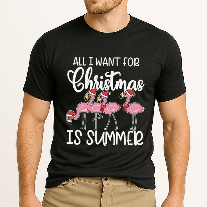 All I Want For Christmas In July Summer Flamingo Xmas Gift Cooling Performance Crew T-Shirt