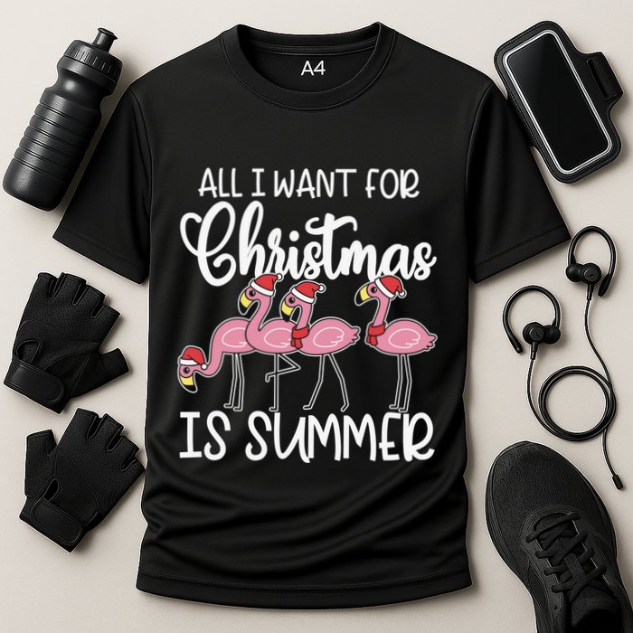 All I Want For Christmas In July Summer Flamingo Xmas Gift Cooling Performance Crew T-Shirt