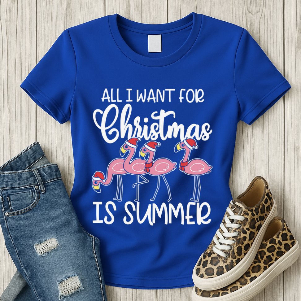 All I Want For Christmas In July Summer Flamingo Xmas Gift Womens T-Shirt