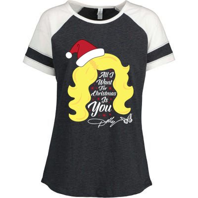 All I Want Christmas Dolly Wig Gift Enza Ladies Jersey Colorblock Tee