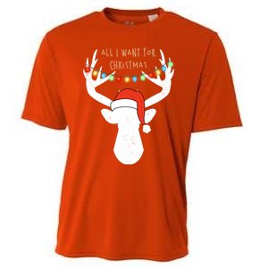 All I Want For Christmas Deer With Santa Hat Hunting Gift Cooling Performance Crew T-Shirt