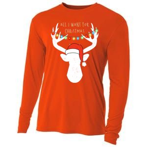 All I Want For Christmas Deer With Santa Hat Hunting Gift Cooling Performance Long Sleeve Crew