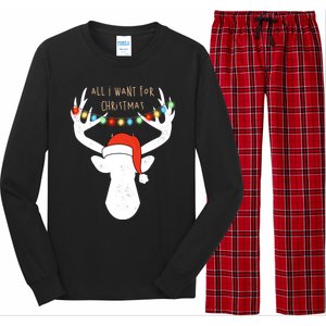 All I Want For Christmas Deer With Santa Hat Hunting Gift Long Sleeve Pajama Set