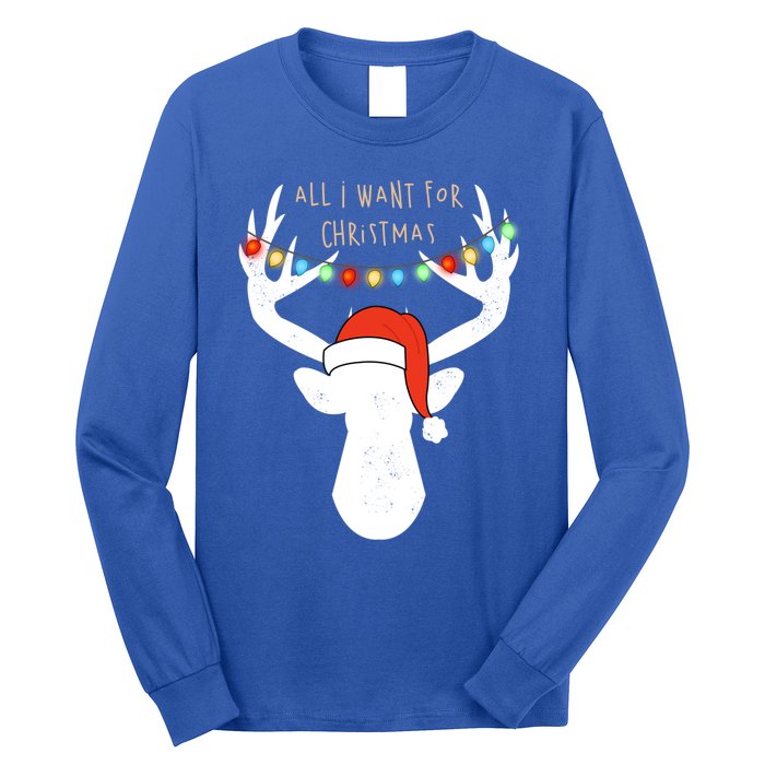 All I Want For Christmas Deer With Santa Hat Hunting Gift Long Sleeve Shirt