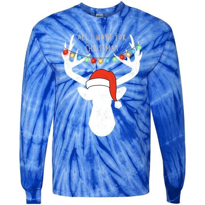 All I Want For Christmas Deer With Santa Hat Hunting Gift Tie-Dye Long Sleeve Shirt