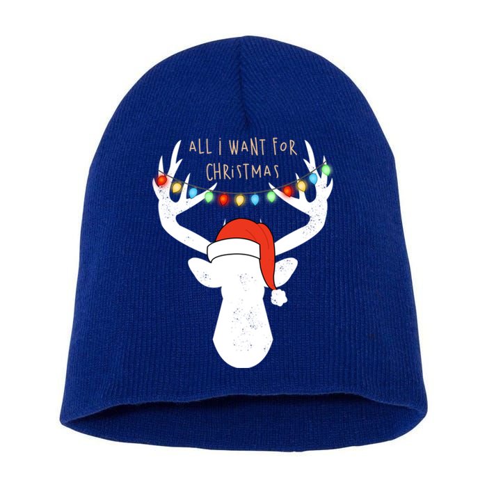 All I Want For Christmas Deer With Santa Hat Hunting Gift Short Acrylic Beanie