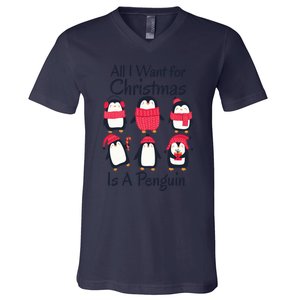 All I Want For Christmas Is A Penguin Xmas Funny Animal Cool Gift V-Neck T-Shirt