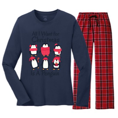 All I Want For Christmas Is A Penguin Xmas Funny Animal Cool Gift Women's Long Sleeve Flannel Pajama Set 