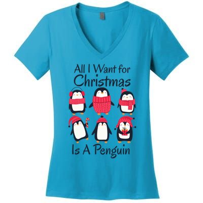 All I Want For Christmas Is A Penguin Xmas Funny Animal Cool Gift Women's V-Neck T-Shirt