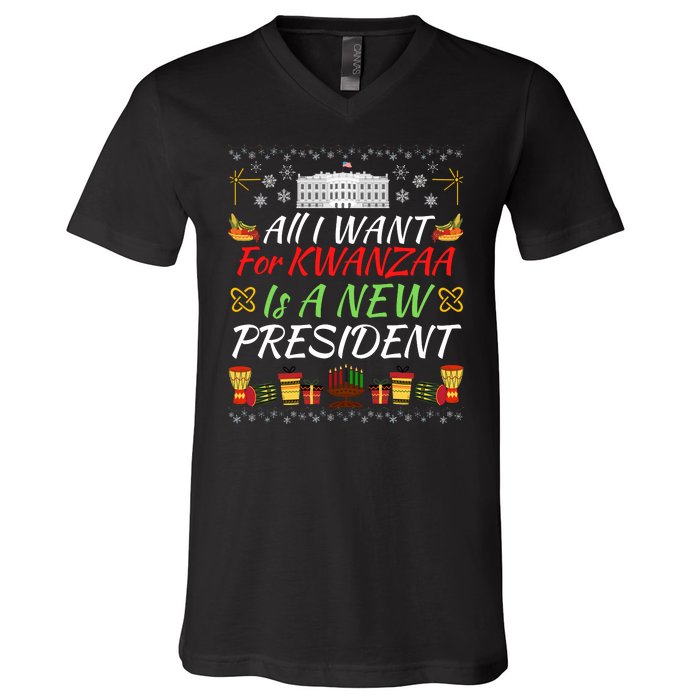 All I Want For Kwanzaa Is A New President Funny Kwanzaa Funny New President V-Neck T-Shirt