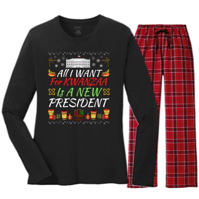 All I Want For Kwanzaa Is A New President Funny Kwanzaa Funny New President Women's Long Sleeve Flannel Pajama Set 