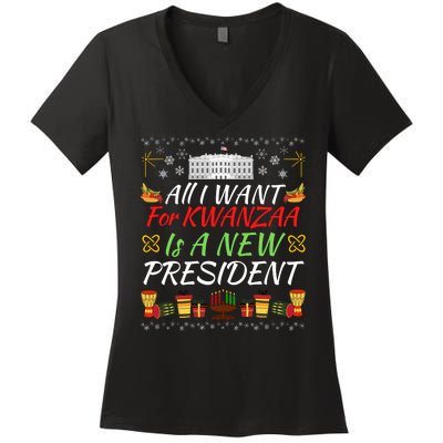 All I Want For Kwanzaa Is A New President Funny Kwanzaa Funny New President Women's V-Neck T-Shirt