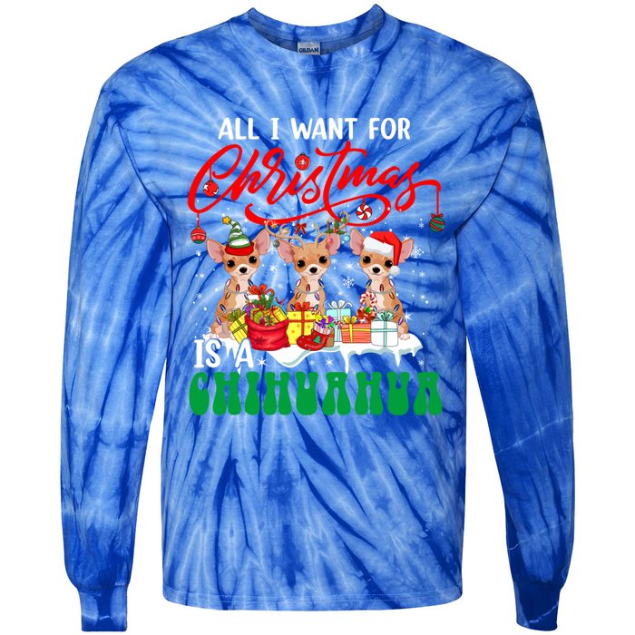 All I Want For Xmas Is A Chihuahua Three Santa Reindeer Dogs Cool Gift Tie-Dye Long Sleeve Shirt