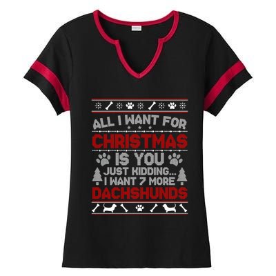 All I Want For Christmas 7 Dachshunds Ugly Sweater Gift Ladies Halftime Notch Neck Tee