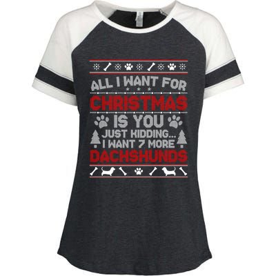 All I Want For Christmas 7 Dachshunds Ugly Sweater Gift Enza Ladies Jersey Colorblock Tee