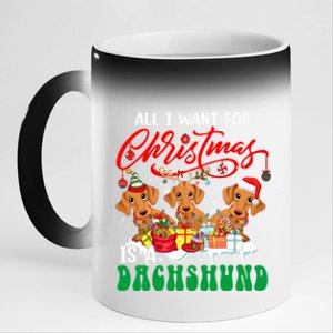 All I Want For Xmas Is A Dachshund Three Santa Reindeer Dogs Funny Gift 11oz Black Color Changing Mug