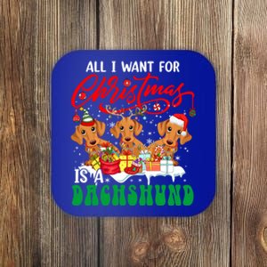 All I Want For Xmas Is A Dachshund Three Santa Reindeer Dogs Funny Gift Coaster