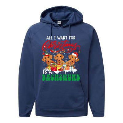 All I Want For Xmas Is A Dachshund Three Santa Reindeer Dogs Funny Gift Performance Fleece Hoodie