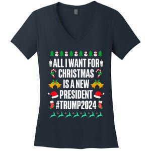 All I Want For Christmas Is A New President Trump 2024 Xmas Women's V-Neck T-Shirt