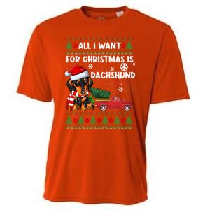 All I Want For Christmas Is Dachshund Ugly Christmas Sweater Gift Cooling Performance Crew T-Shirt