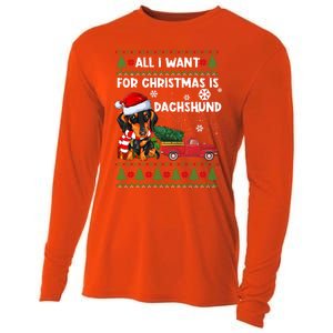 All I Want For Christmas Is Dachshund Ugly Christmas Sweater Gift Cooling Performance Long Sleeve Crew