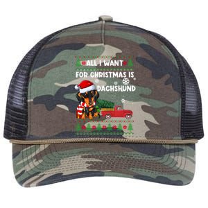 All I Want For Christmas Is Dachshund Ugly Christmas Sweater Gift Retro Rope Trucker Hat Cap