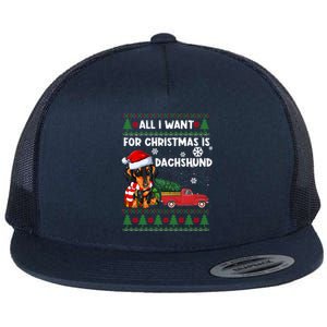 All I Want For Christmas Is Dachshund Ugly Christmas Sweater Gift Flat Bill Trucker Hat