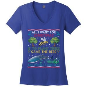 All I Want For Christmas Plant Trees Save Bees Protect Seas Gift Women's V-Neck T-Shirt