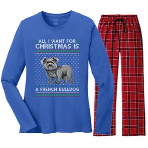 All I Want For Christmas Is A French Bulldog Ugly Xmas Great Gift Women's Long Sleeve Flannel Pajama Set 