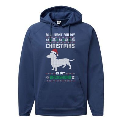 All I Want For My Christmas Dachshund Doxie Dog Ugly Xmas Pj Great Gift Performance Fleece Hoodie