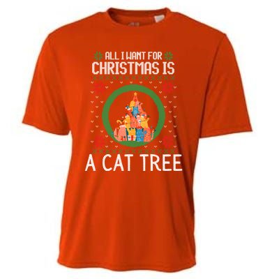 All I Want For Christmas Is A Cat Tree Ugly Xmas Sweater Fun Gift Cooling Performance Crew T-Shirt