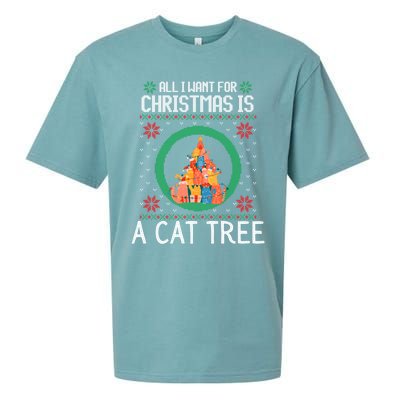 All I Want For Christmas Is A Cat Tree Ugly Xmas Sweater Fun Gift Sueded Cloud Jersey T-Shirt