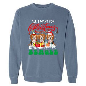 All I Want For Xmas Is A Beagle Three Santa Reindeer Dogs Gift Garment-Dyed Sweatshirt