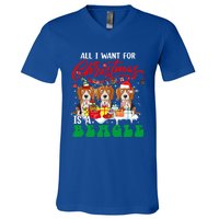 All I Want For Xmas Is A Beagle Three Santa Reindeer Dogs Gift V-Neck T-Shirt