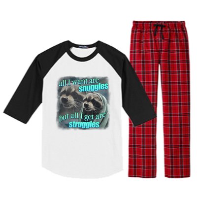 All I Want Are Snuggles But All I Get Are Struggles Raccoon Word Art Meme Raglan Sleeve Pajama Set