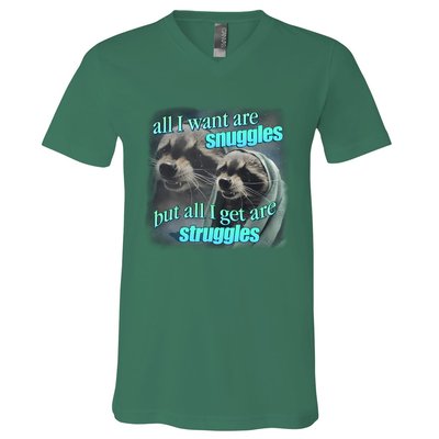 All I Want Are Snuggles But All I Get Are Struggles Raccoon Word Art Meme V-Neck T-Shirt