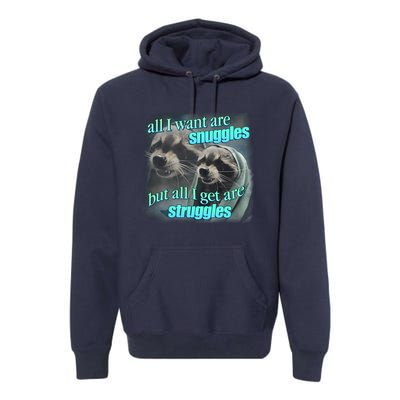 All I Want Are Snuggles But All I Get Are Struggles Raccoon Word Art Meme Premium Hoodie