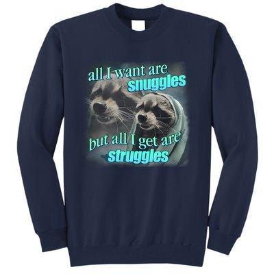 All I Want Are Snuggles But All I Get Are Struggles Raccoon Word Art Meme Tall Sweatshirt