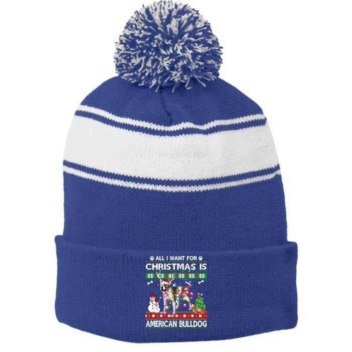 All I Want For Christmas Is American Bulldog Dog Xmas Gift Stripe Pom Pom Beanie