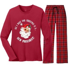 All I Want For Christmas Is A New President Funny Word Play Women's Long Sleeve Flannel Pajama Set 