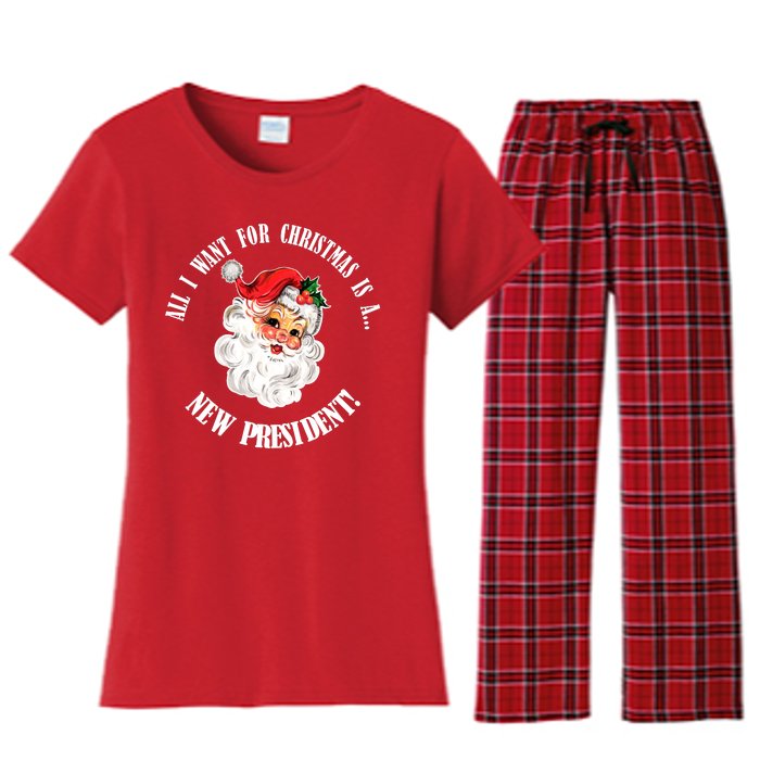 All I Want For Christmas Is A New President Funny Word Play Women's Flannel Pajama Set