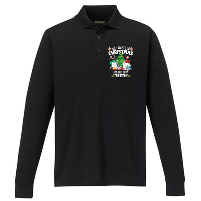 All I want for Christmas is My Two Front Teeth Santa Xmas Performance Long Sleeve Polo