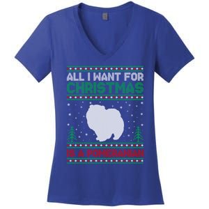 All I Want For Xmas Is A Pomeranian Dog Ugly Xmas Sweater Meaningful Gift Women's V-Neck T-Shirt