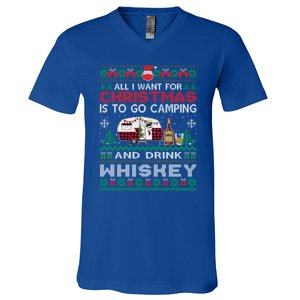 All I Want Is To Go Camping Whiskey Ugly Sweater Party Gift V-Neck T-Shirt