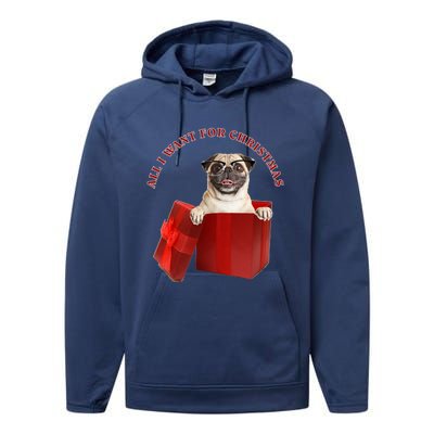 All I Want For Christmas Pug W Glasses Cute Gift Performance Fleece Hoodie