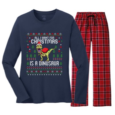 All I Want For Christmas Dinosaur Trex Ugly Xmas Women's Long Sleeve Flannel Pajama Set 