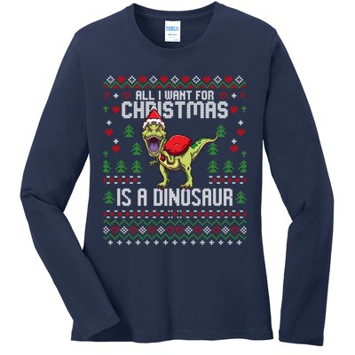 All I Want For Christmas Dinosaur Trex Ugly Xmas Ladies Long Sleeve Shirt