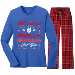 All I Want For Christmas English Bulldog And Wine Gift Women's Long Sleeve Flannel Pajama Set 