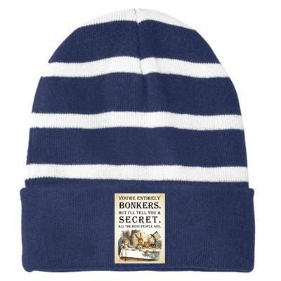 Alice In Wonderland Tea Party YouRe Entirely Bonkers Quote Striped Beanie with Solid Band