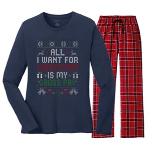 All I Want For Christmas Is My Gross Pay Joke Women's Long Sleeve Flannel Pajama Set 